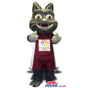 Grey Cat Plush Mascot Wearing Sports Garments With A Logo -