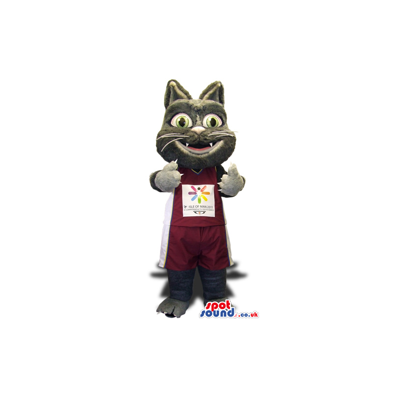 Grey Cat Plush Mascot Wearing Sports Garments With A Logo -