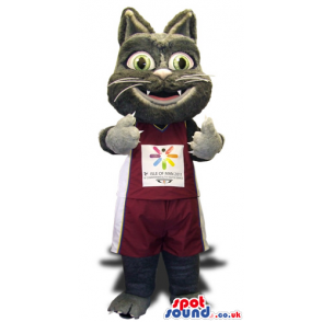 Grey Cat Plush Mascot Wearing Sports Garments With A Logo -