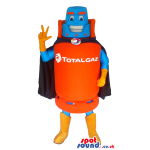Flashy Gas Bottle Mascot With A Logo Wearing A Super Hero Cape