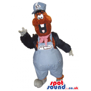 Dark Boy Plush Mascot Wearing Overalls With Text And Logo -