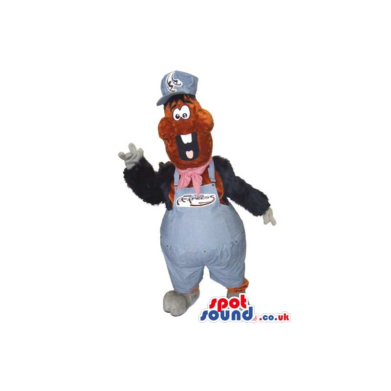 Dark Boy Plush Mascot Wearing Overalls With Text And Logo -