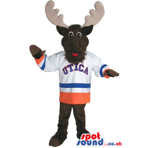 Brown Moose Plush Mascot Wearing A Sports Team Shirt - Custom