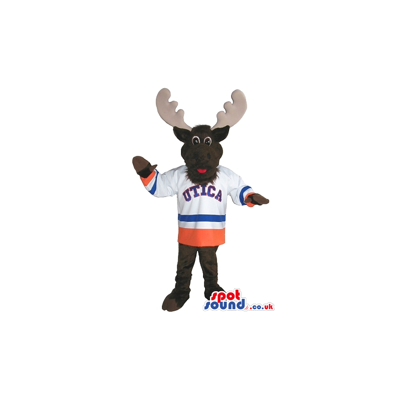 Brown Moose Plush Mascot Wearing A Sports Team Shirt - Custom