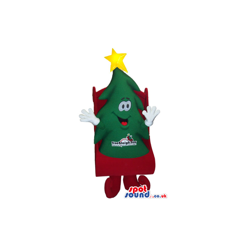 Cute Christmas Tree Mascot On A Red Sleigh With A Logo - Custom