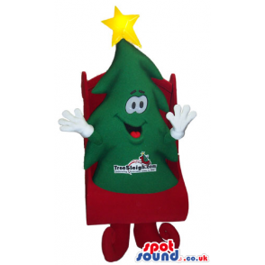 Cute Christmas Tree Mascot On A Red Sleigh With A Logo - Custom