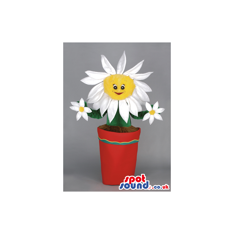 White and yellow flower mascot, with green stem in a red pot -