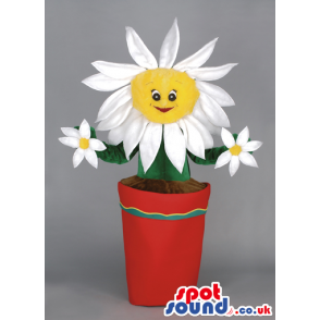 White and yellow flower mascot, with green stem in a red pot -