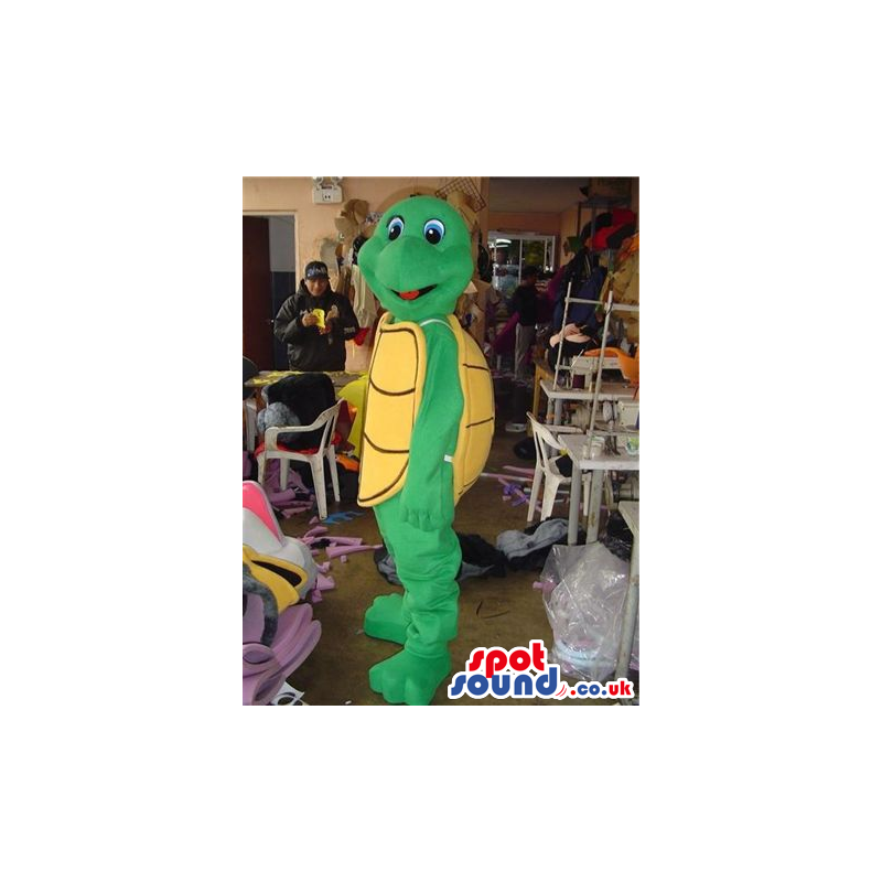 Green Turtle Mascot With A Yellow Shell And Cute Eyes - Custom