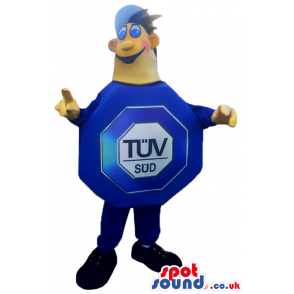 Boy Mascot In A Big Blue Octagon Sign With Brand Name - Custom