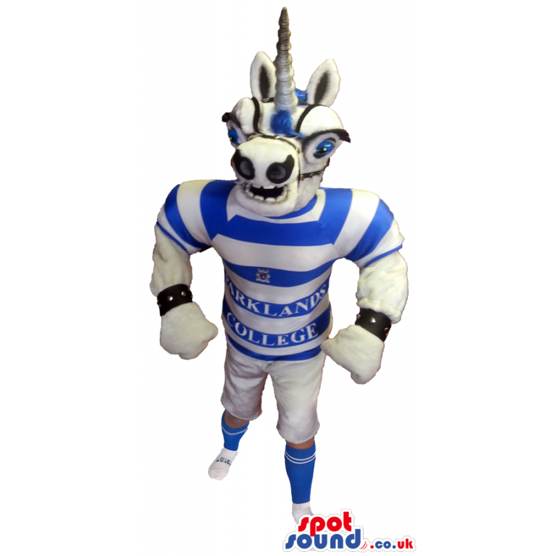 Unicorn Plush Mascot Wearing Striped Sports Team Garments -