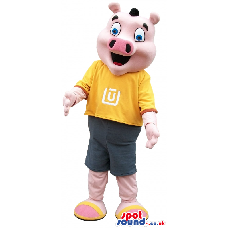 Customizable Pig Plush Mascot Wearing A Yellow T-Shirt With A