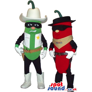 Red And Green Pepper Mascot Couple Wearing Cowboy Garments -