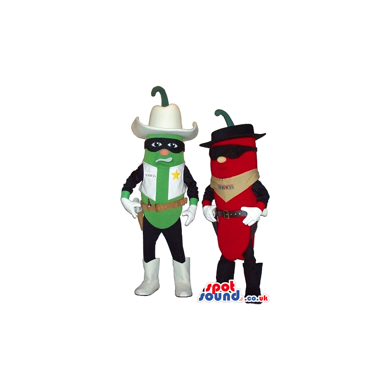 Red And Green Pepper Mascot Couple Wearing Cowboy Garments -