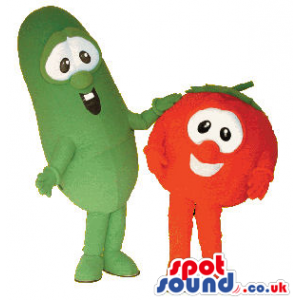 Red Tomato And A Green Cucumber Mascot Couple With Cute Faces -