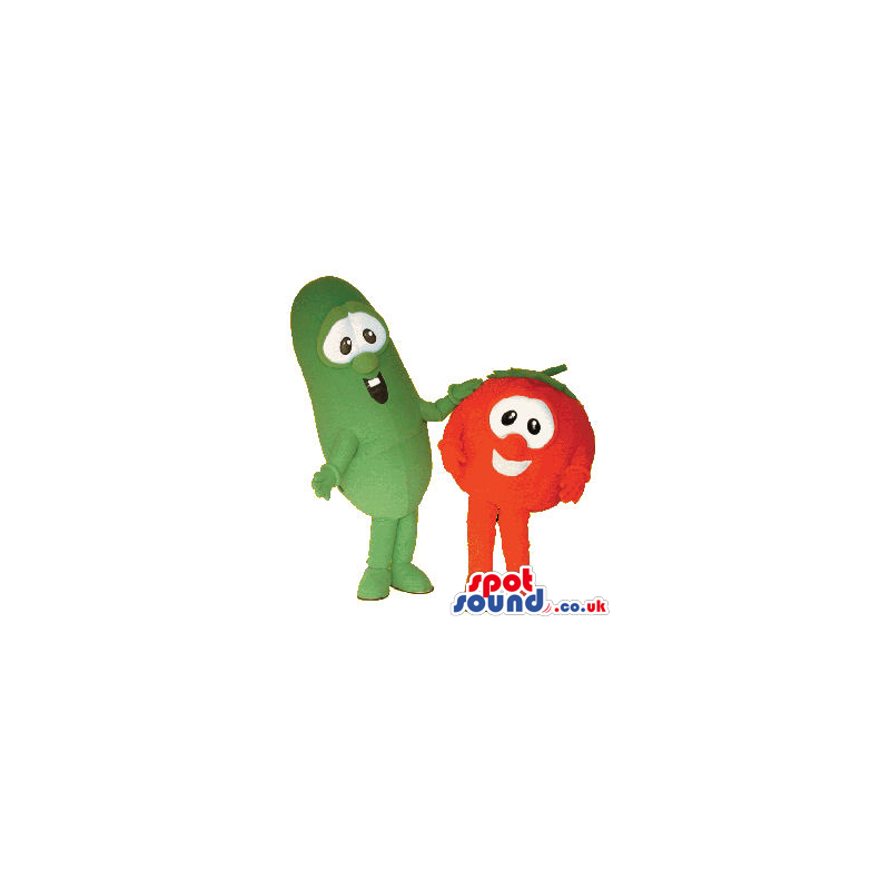 Red Tomato And A Green Cucumber Mascot Couple With Cute Faces -