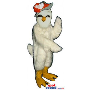 All White Girl Bird Plush Mascot Wearing A Red Feather Hat -