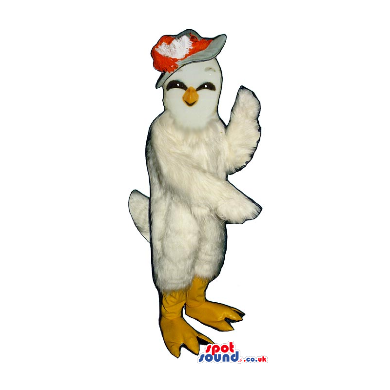 All White Girl Bird Plush Mascot Wearing A Red Feather Hat -