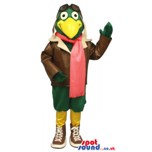 Cool Green Bird Plush Mascot Wearing Pilot Garments - Custom