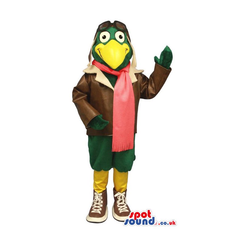 Cool Green Bird Plush Mascot Wearing Pilot Garments - Custom