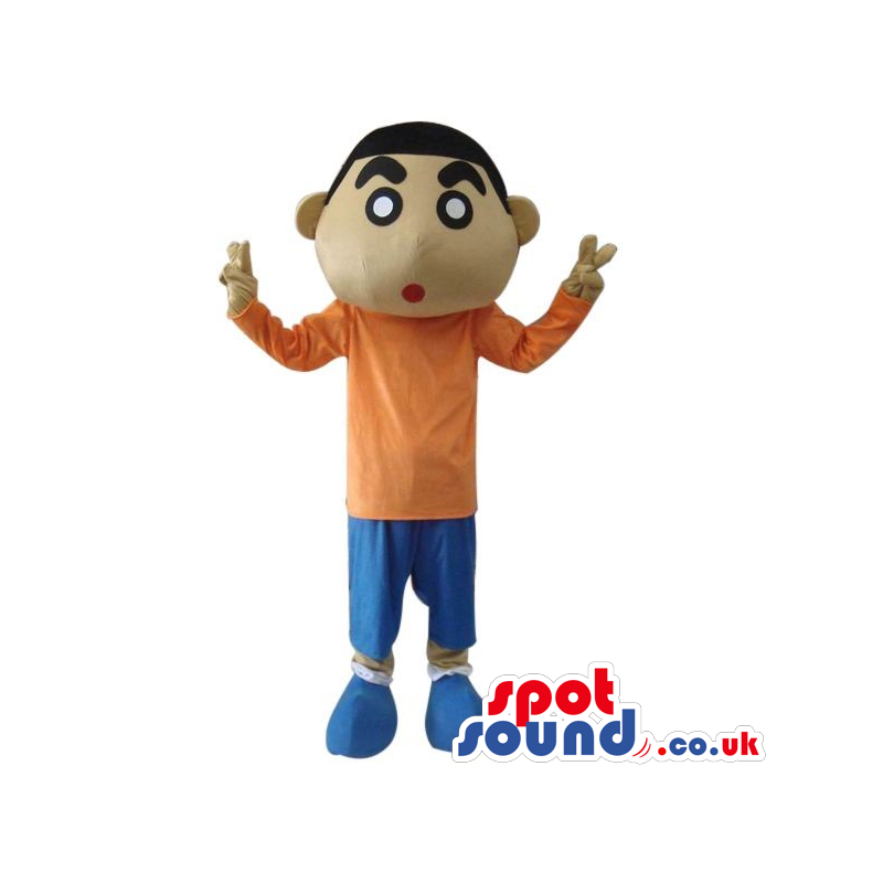 Shin Chan Japanese Cartoon Mascot Wearing An Orange Shirt -