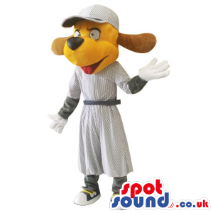 Cute Yellow Dog Plush Mascot Wearing A Long Grey Gown And A Cap