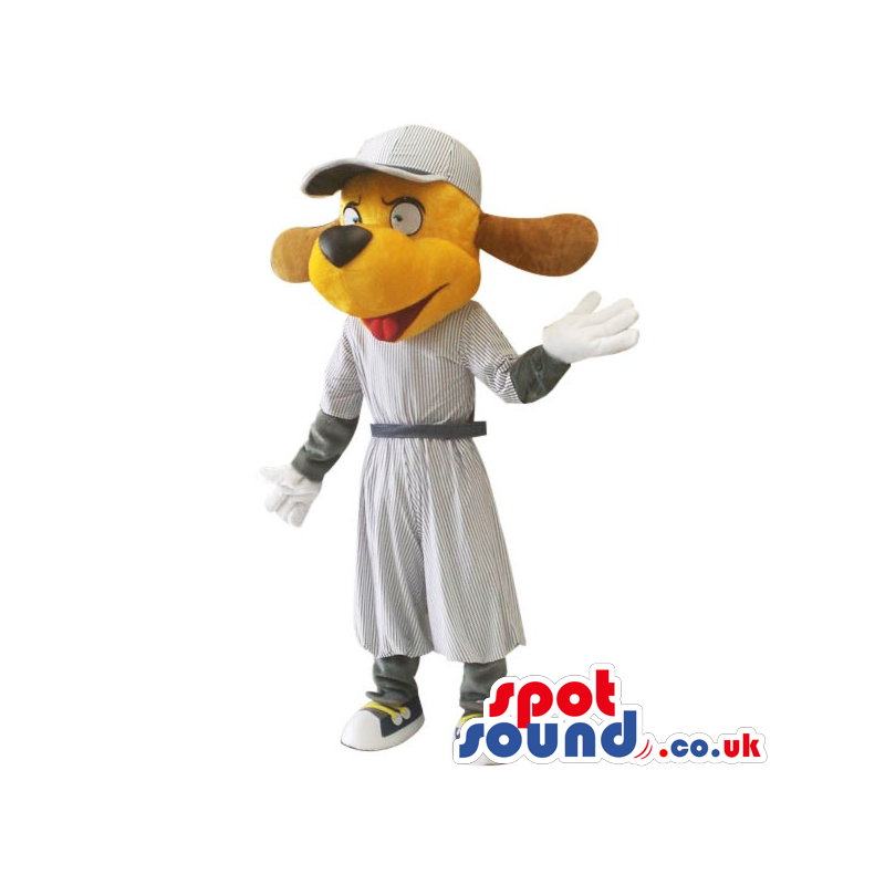 Cute Yellow Dog Plush Mascot Wearing A Long Grey Gown And A Cap