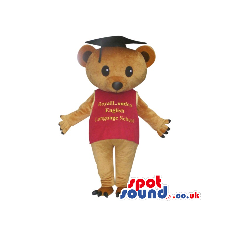 Bear Plush Mascot Wearing A T-Shirt With Text And School Hat -