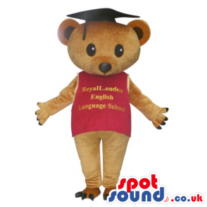 Bear Plush Mascot Wearing A T-Shirt With Text And School Hat -