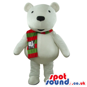White Bear Plush Mascot Wearing A Red And Green Scarf With Logo