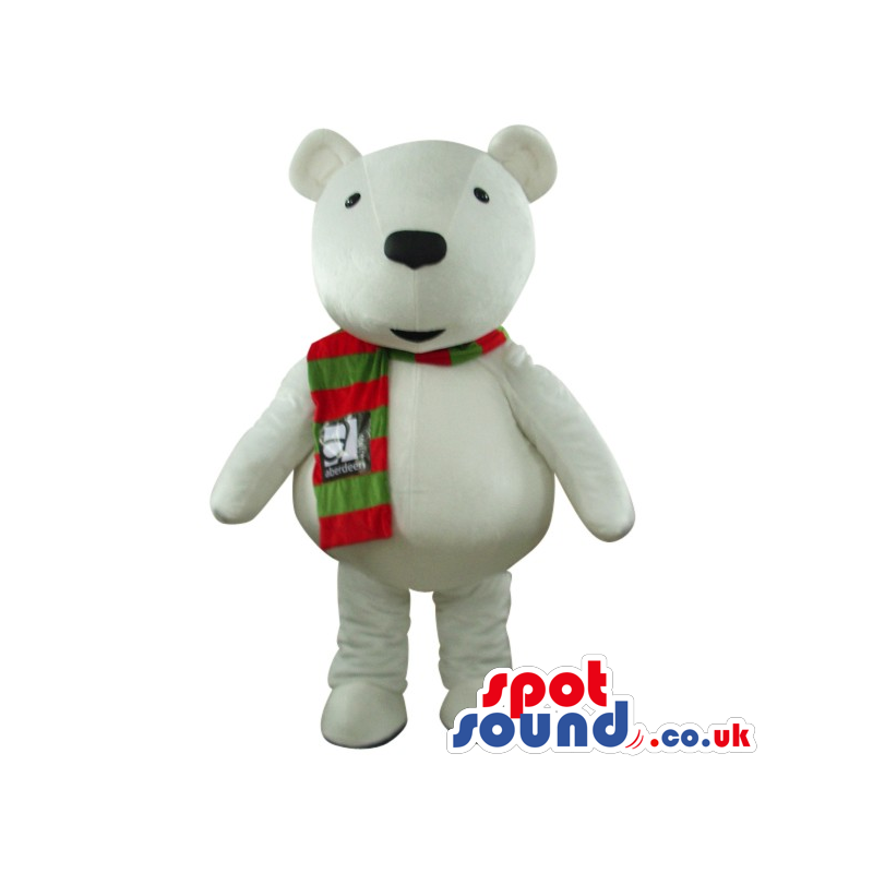White Bear Plush Mascot Wearing A Red And Green Scarf With Logo