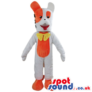 Orange And White Rabbit Plush Mascot Wearing A Yellow Bow Tie -