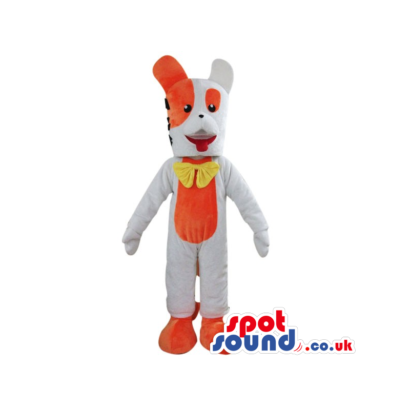Orange And White Rabbit Plush Mascot Wearing A Yellow Bow Tie -