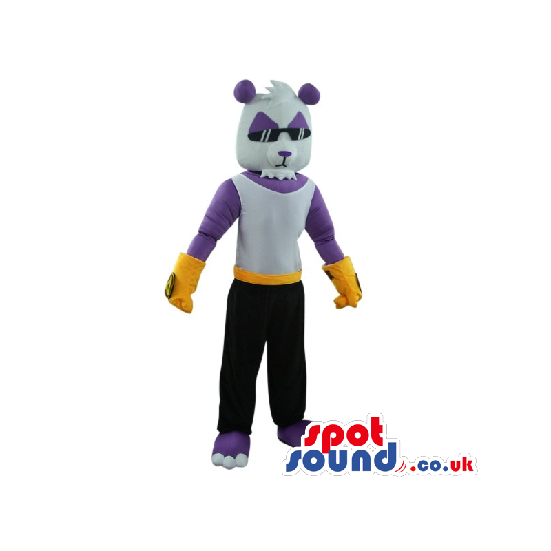 White And Purple Bear Mascot Wearing Cool Glasses And Clothes -
