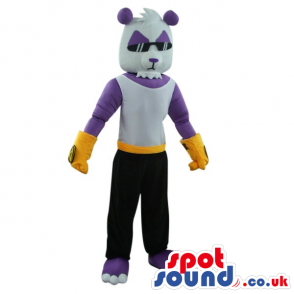 White And Purple Bear Mascot Wearing Cool Glasses And Clothes -