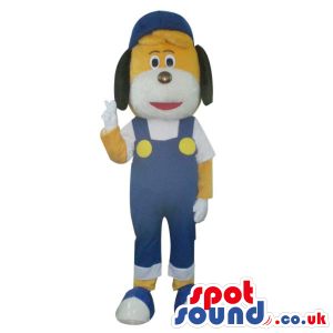 Yellow Dog Plush Mascot Wearing Blue Overalls And A Cap -