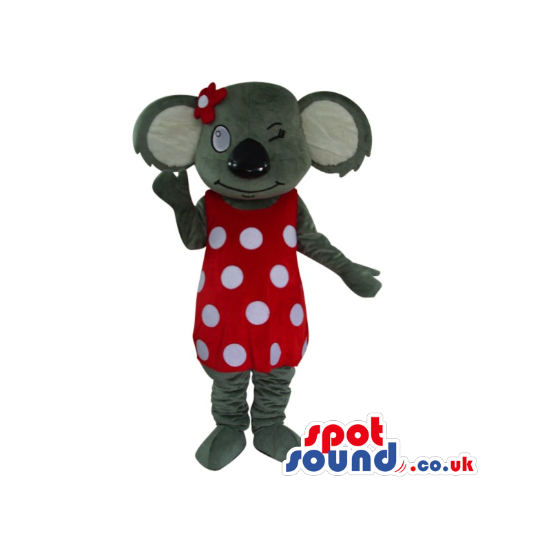 Grey Girl Koala Plush Mascot Wearing A Red And White Dots Dress