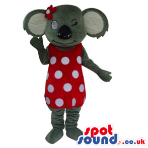 Grey Girl Koala Plush Mascot Wearing A Red And White Dots Dress