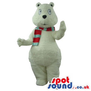 White Bear Plush Mascot Wearing A Red And Green Scarf - Custom