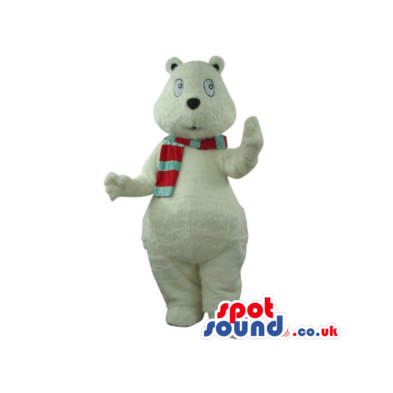 White Bear Plush Mascot Wearing A Red And Green Scarf - Custom