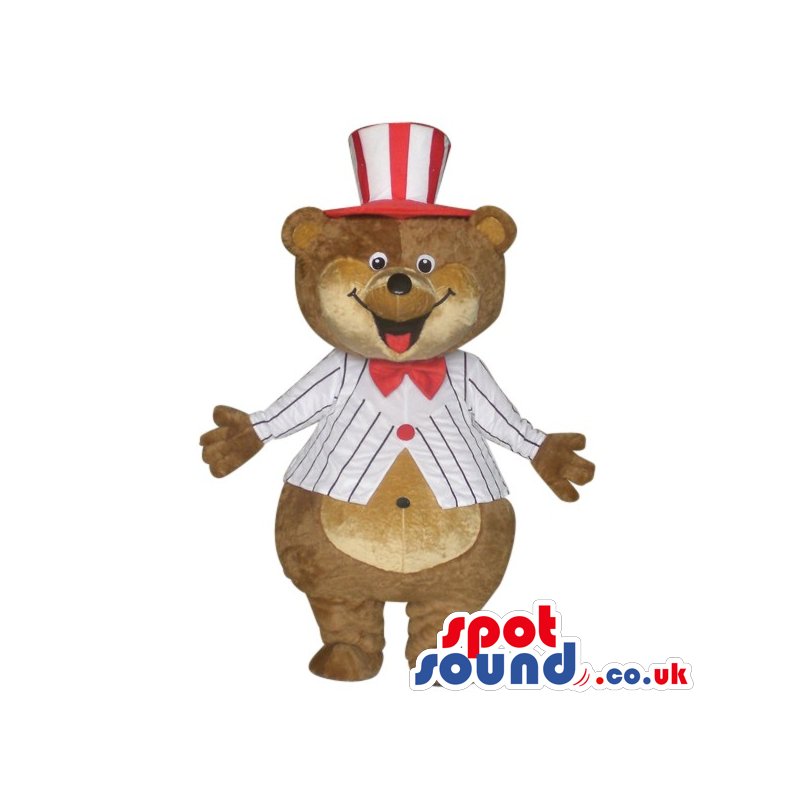Brown Big Bear Plush Mascot Wearing Circus Garments And A Top