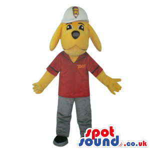 Yellow Dog Plush Mascot Wearing A Red Shirt With A Logo And A