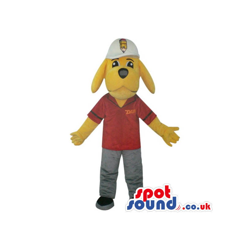 Yellow Dog Plush Mascot Wearing A Red Shirt With A Logo And A