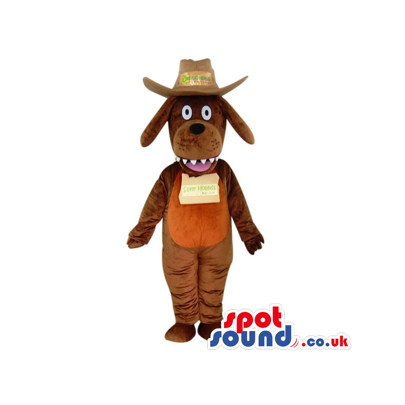 Brown Dog Plush Mascot With A Logo Wearing A Cowboy Hat -