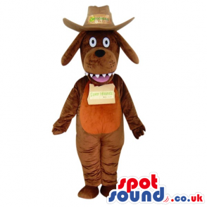 Brown Dog Plush Mascot With A Logo Wearing A Cowboy Hat -