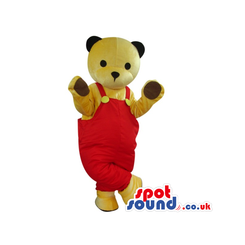 All Beige Teddy Bear Plush Mascot Wearing Red Overalls - Custom