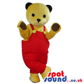 All Beige Teddy Bear Plush Mascot Wearing Red Overalls - Custom
