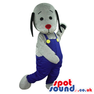 Cute White Dog Plush Mascot Wearing Blue Overalls With Long