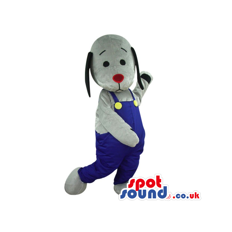 Cute White Dog Plush Mascot Wearing Blue Overalls With Long