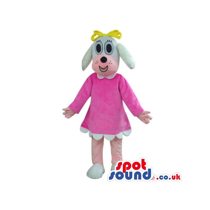 Cute Grey Dog Girl Plush Mascot Wearing A Pink Dress - Custom